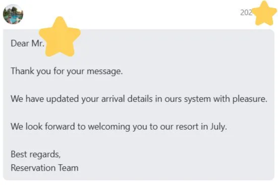 ホテルからの予約確認メッセージ