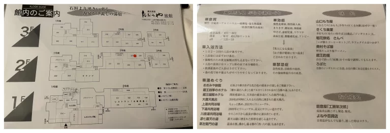 館内図と温泉と周辺の食事処の案内